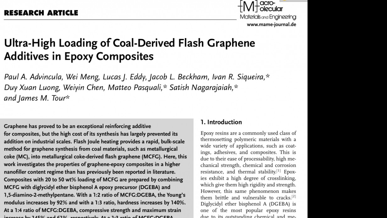 Macromolecular Materials and Engineering:Ultra-High Loading of Coal-Derived Flash Graphene Additives in Epoxy Composites