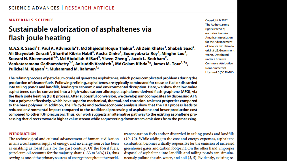 Science Advances:Sustainable valorization of asphaltenes via flash joule heating