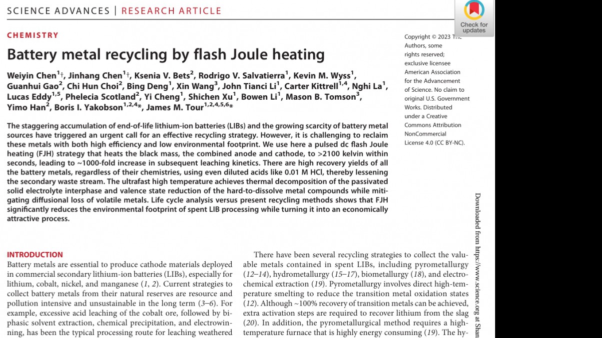 Science Advances:Battery metal recycling by flash Joule heating