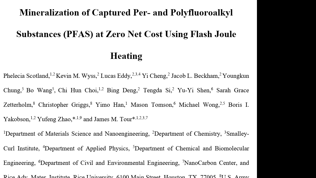 ChemRxiv:Mineralization of Captured Per- and Polyfluoroalkyl Substances (PFAS) at Zero Net Cost Using Flash Joule Heating