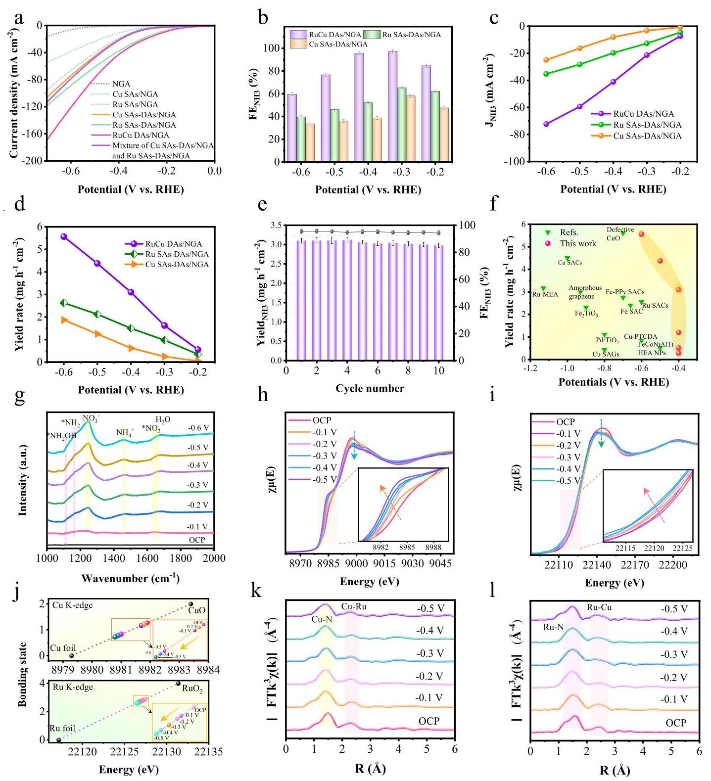 Fig. 5 | NO₃RR performance and in situ results of RuCu DAs/NGA