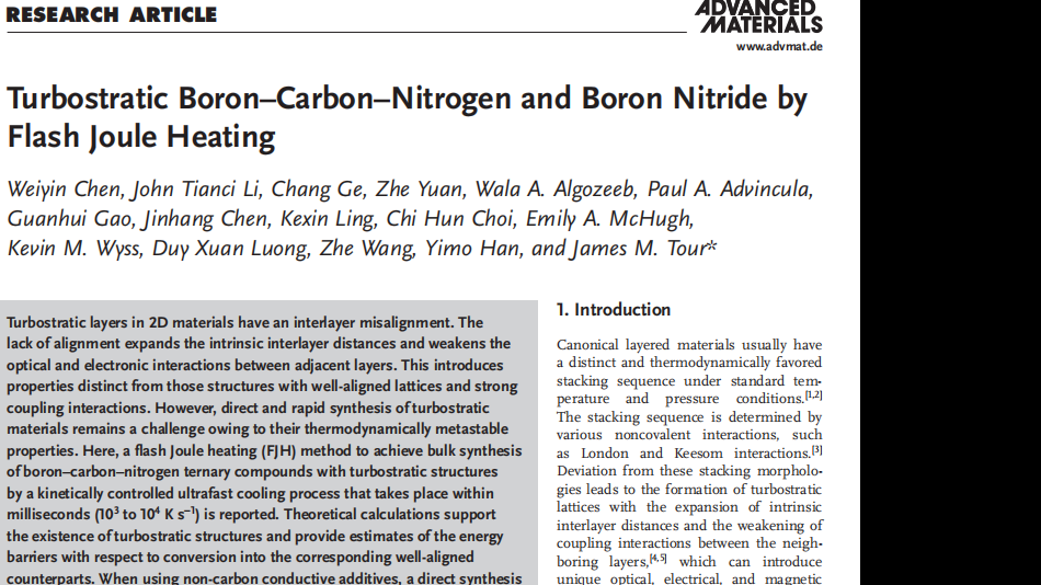 Adv Mater:Turbostratic Boron-Carbon-Nitrogen and Boron Nitride by Flash Joule Heating