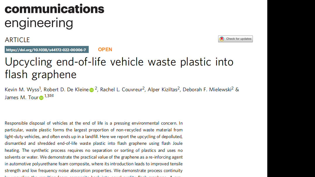 Commun Eng:Upcycling end-of-life vehicle waste plastic into flash graphene