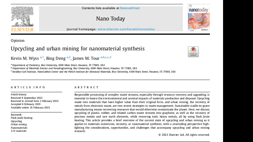 Nano Today:Upcycling and urban mining for nanomaterial synthesis