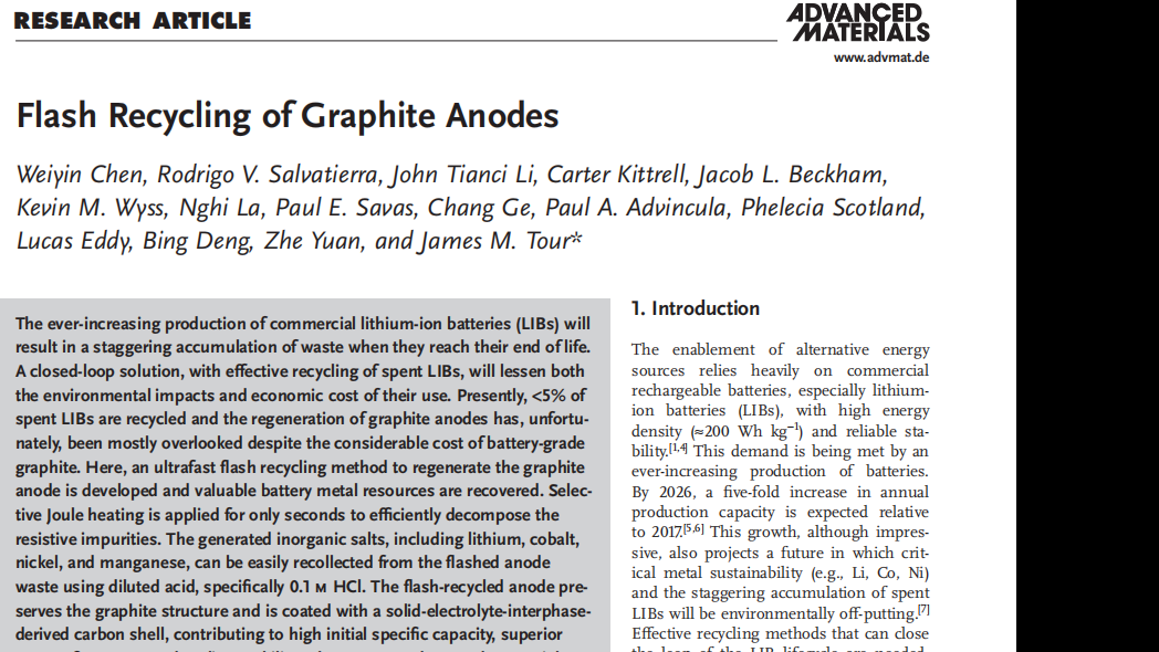 Advanced Materials:Flash Recycling of Graphite Anodes