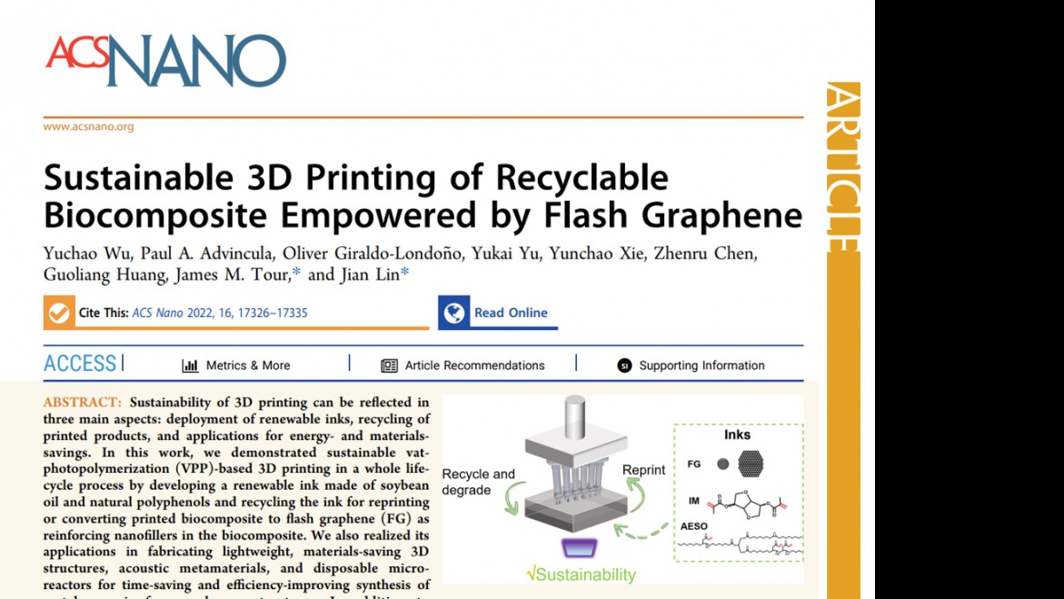 ACS Nano:Sustainable 3D Printing of Recyclable Biocomposite Empowered by Flash Graphene