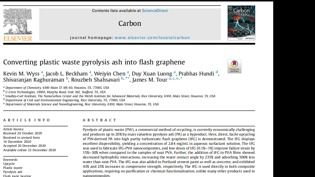 Carbon:Converting plastic waste pyrolysis ash into flash graphene