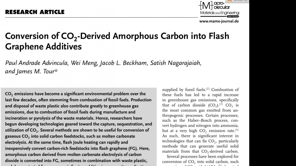 Macromolecular Materials and Engineering:Conversion of CO2-Derived Amorphous Carbon into Flash Graphene Additives