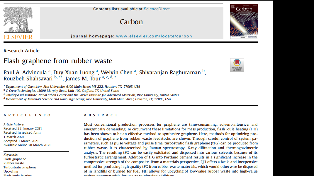 Carbon:Flash graphene from rubber waste