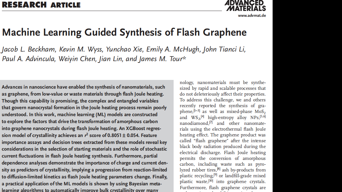 Adv Mater:Machine Learning Guided Synthesis of Flash Graphene