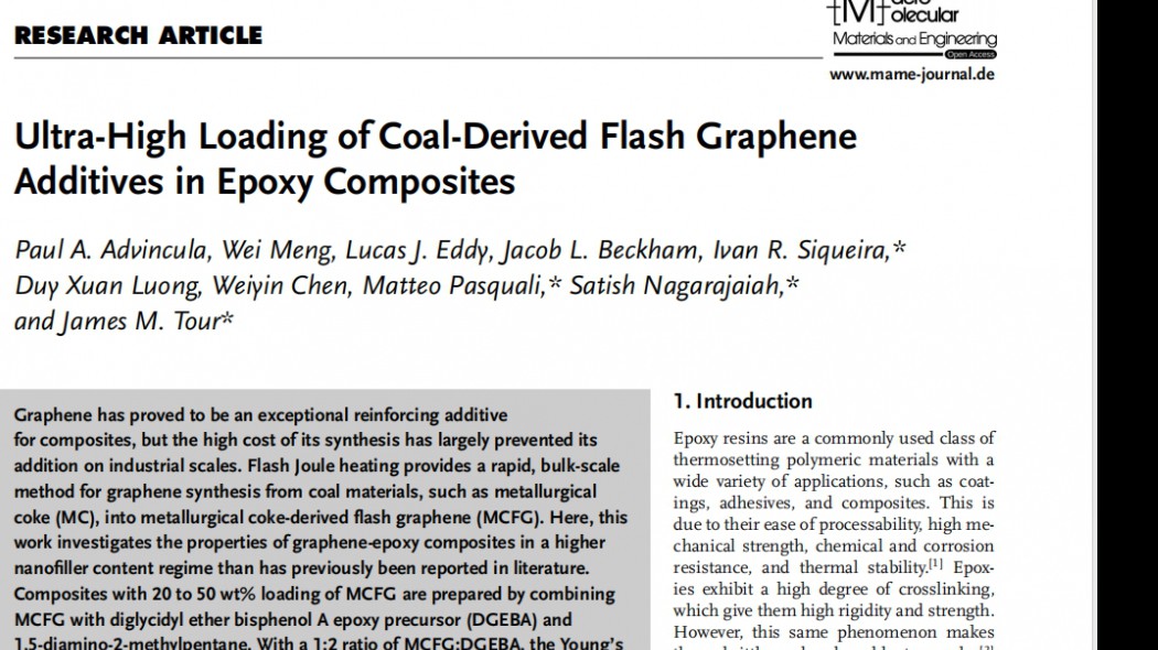 Macromol Mater Eng:Ultra-High Loading of Coal-Derived Flash Graphene Additives in Epoxy Composites