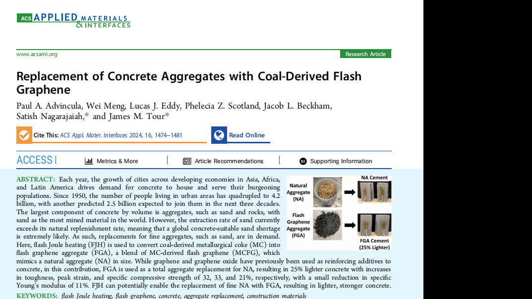 ACS Applied Materials & Interfaces:Replacement of Concrete Aggregates with Coal-Derived Flash Graphene